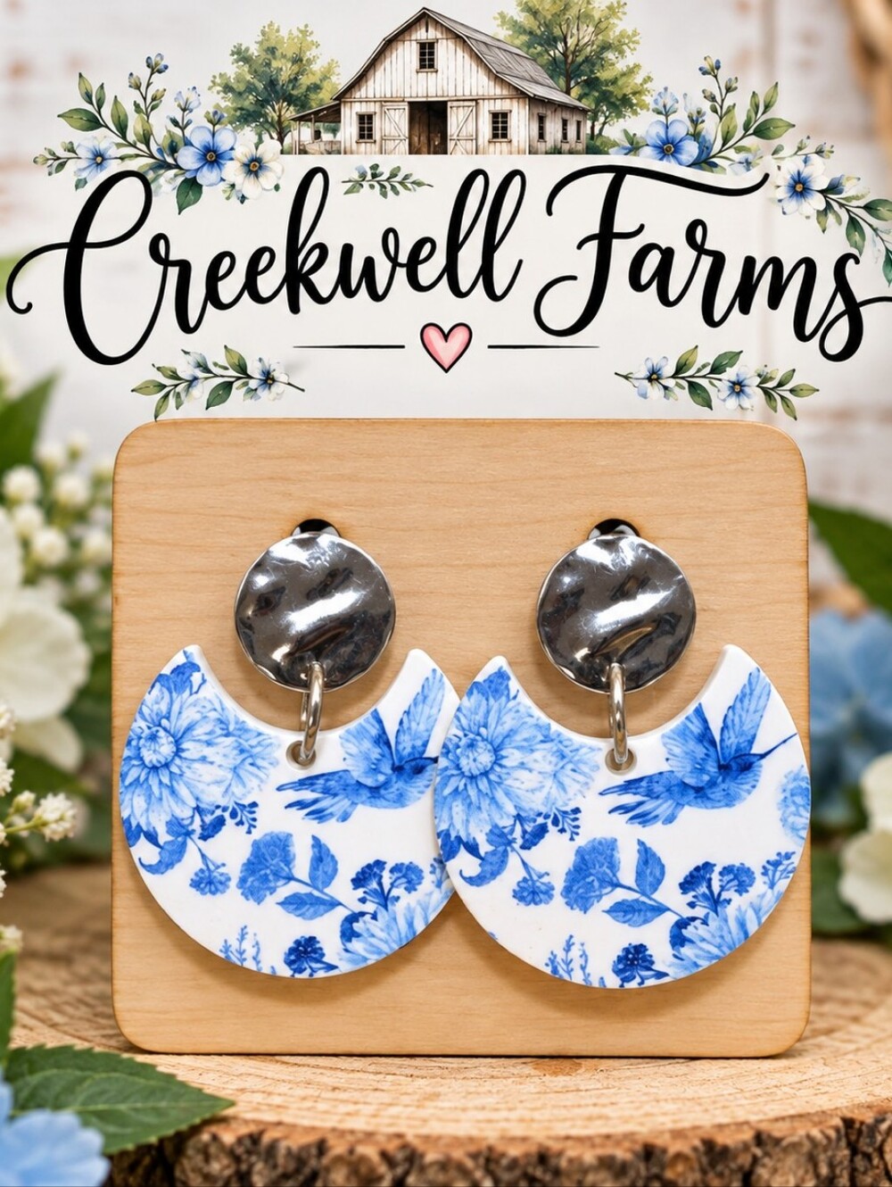 Handcrafted Blue Floral Half-Moon Drop Earrings